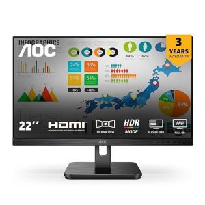 AOC 21.5 IPS Borderless, FHD 1920 x 1080, 100 Hz, 250 cd/m?, 4MS, VGA x1, HDMI x1.NTSC 77% / sRGB 102% , Black , Flicker Free , Low Blue Mode, Multitasking Screen Display, Bottom Connectivity of INPUT.