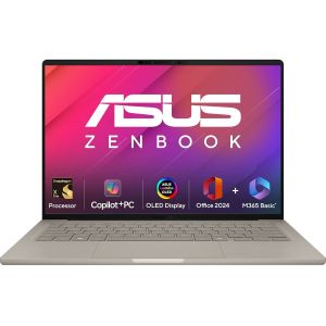 ASUS ZENBOOK A14, SNAPDRAGON X ELITE PROCESSOR,(QUALCOMM ADRENO IGPU/16GB RAM/512GB SSD/WINDOWS 11 HOME/MS OFFICE 365 BASIC (1YEAR)*/14 INCH FHD+ OLED/AI PC/ZABRISKIE BEIGE/0.98 KG), UX3407RA-QD054WS