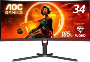 AOC 34 VA Curved, 1000 R, WQHD 3440 x 1440, 165 Hz, 1 ms, 300 cd/m?. HDMI 2.0 x 2, DP 1.4 x 2. USB 3.2 x 4, NTSC 97% / sRGB 119% SPEAKER with Hight Adjustable Stand